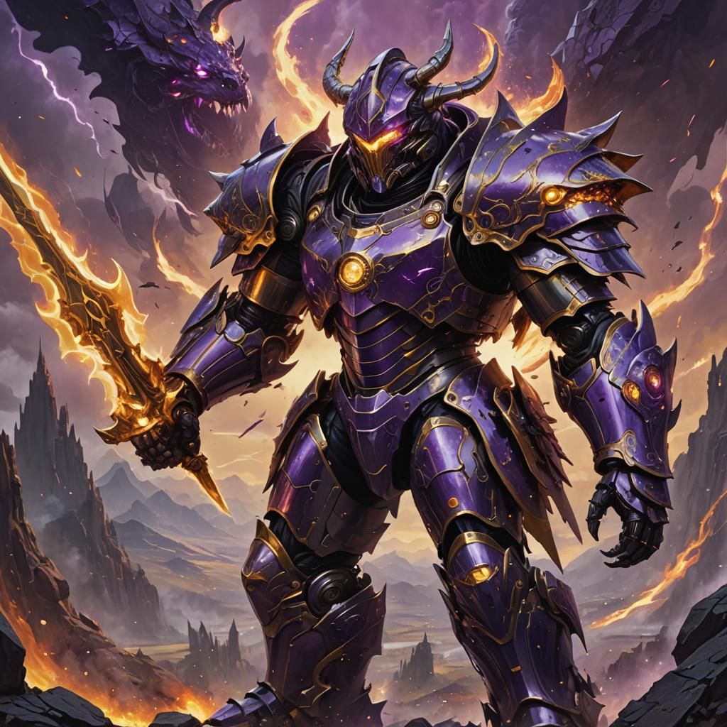 Robotic Warrior Battles Armored Monster in Dark Fantasy Art