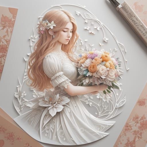 Origami Girl on Cloud with Paper Flower Bouquet