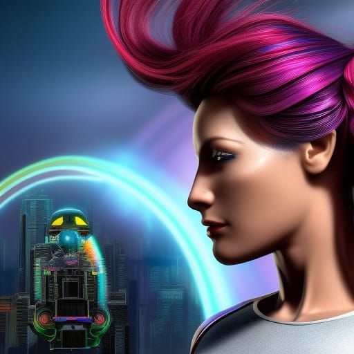 Rainbow-Haired Cyborg Woman in Cyberpunk Style