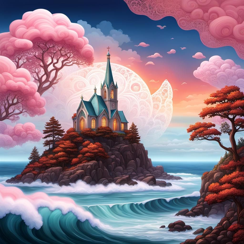 Fantasy Landscape with Fractal Clouds and Sunset