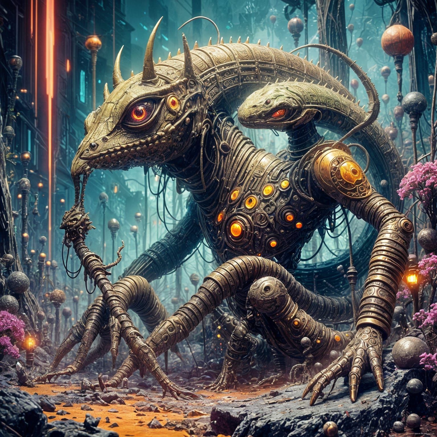 Cybernetic Lizard People in Neon Rococo Environment