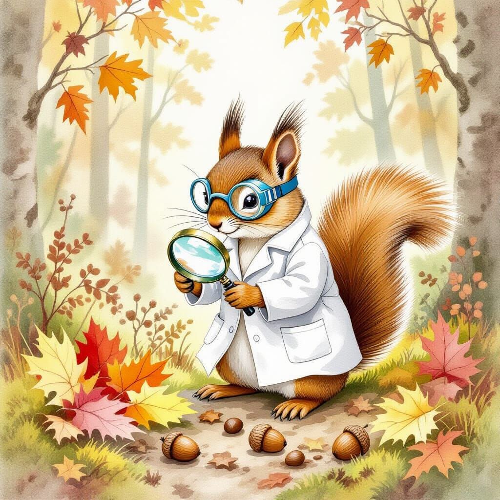 Squirrel Scientist Studies Autumn Leaves: Whimsical Illustra...