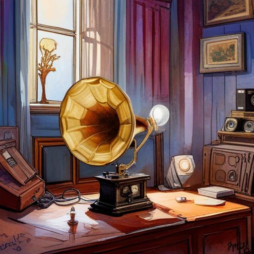 Ancient Phonograph in 1920s Room: Watercolour Art