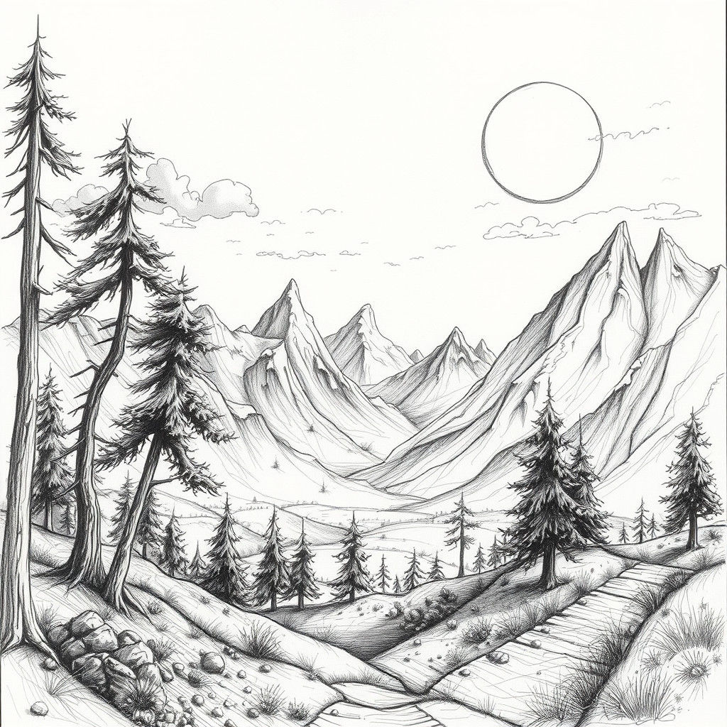 Doodle Style Fantasy Landscape in Charcoal