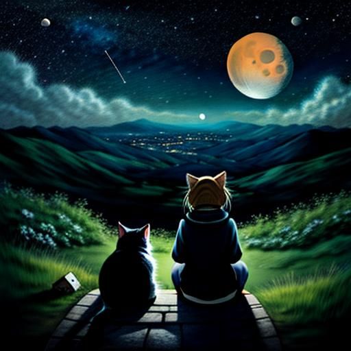 Sad Anime Girl with Cat Gazing at Stars