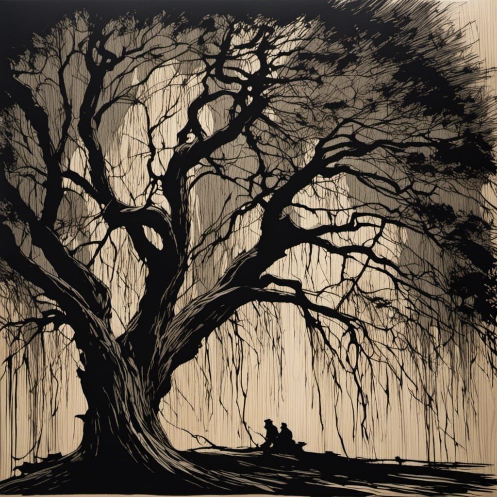 Willow Tree in Chiaroscuro Woodcut Style