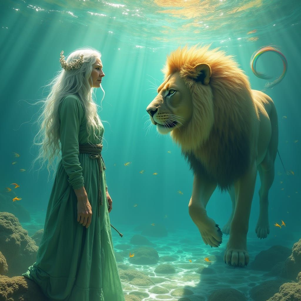 Mystical Elder Goddess Meets Majestic Lion in Dreamlike Aqua...