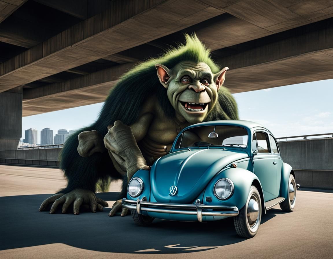 Giant Troll Plays with VW Bug: Hyperrealistic Art