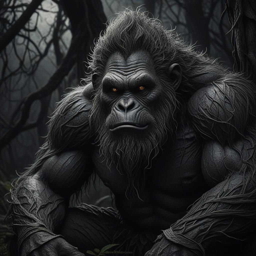 Troll-Orangutan Monstrosity in Haunting Illustrative Style