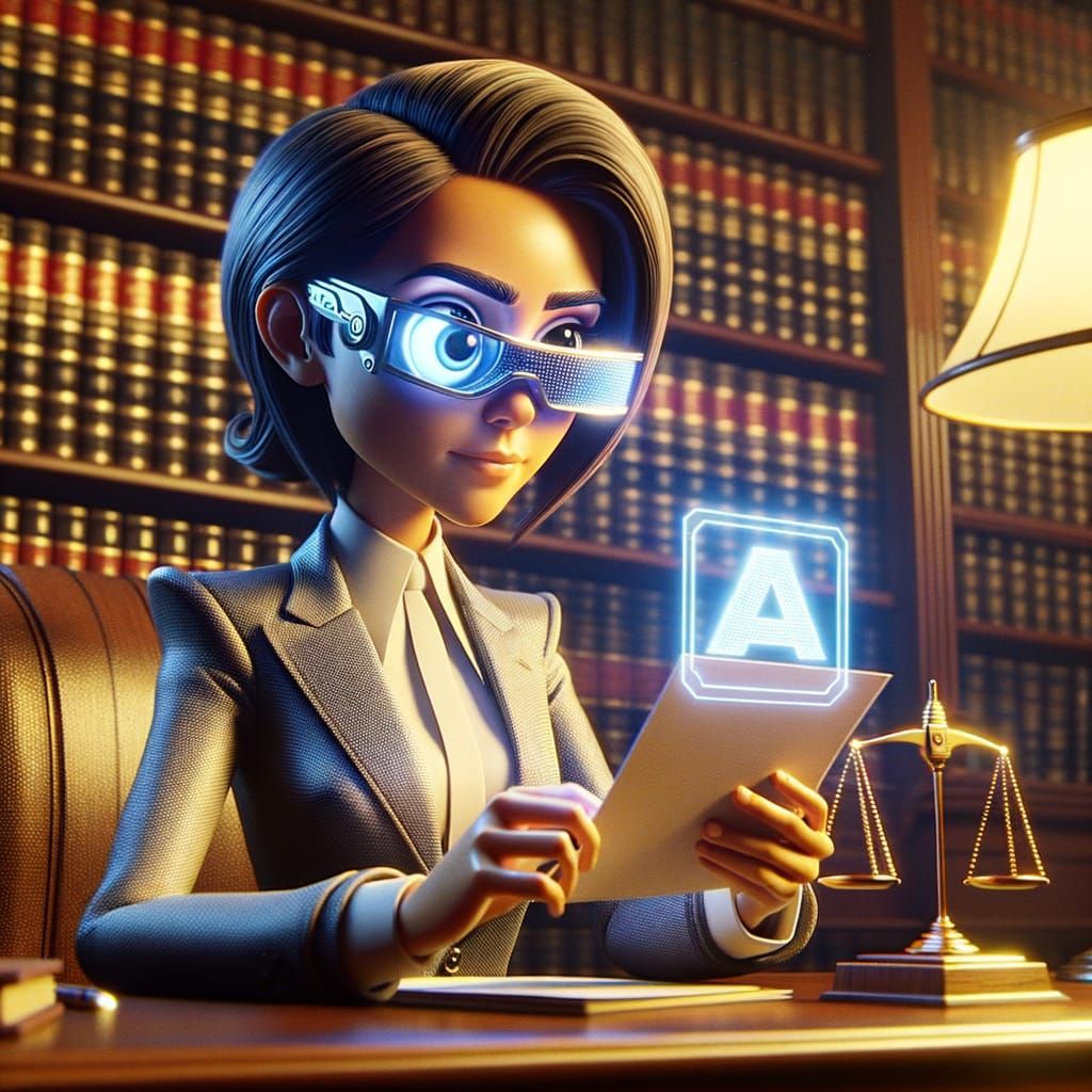 Hispanic Female Lawyer in 3D Cartoon Style with Luminous Mon...