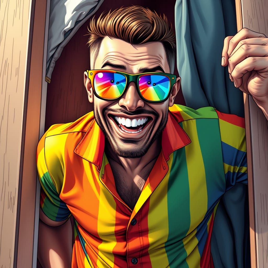 Man Bursts Out of Closet in Comic Book Style