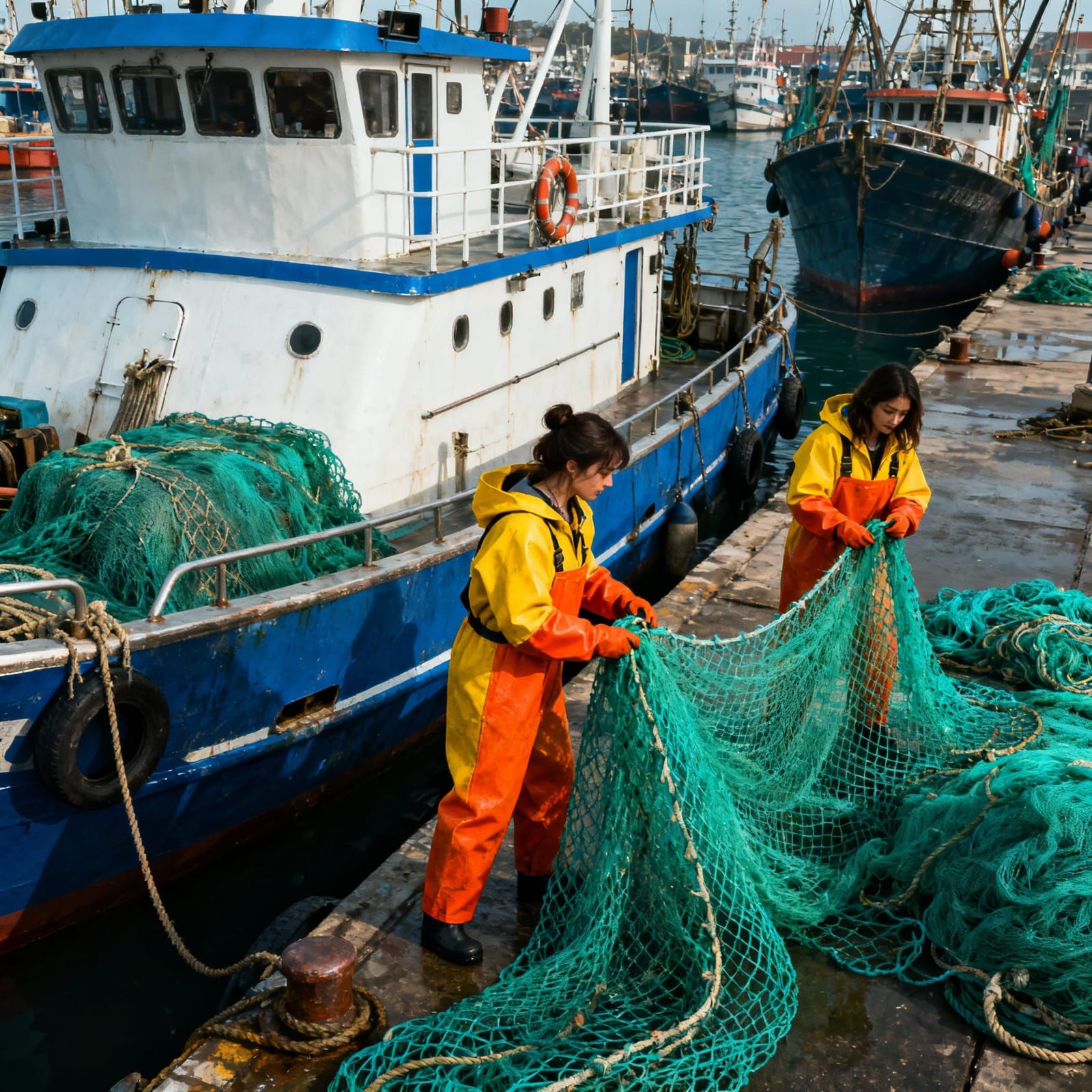 Two Women Handle Fishing Nets on a Dock