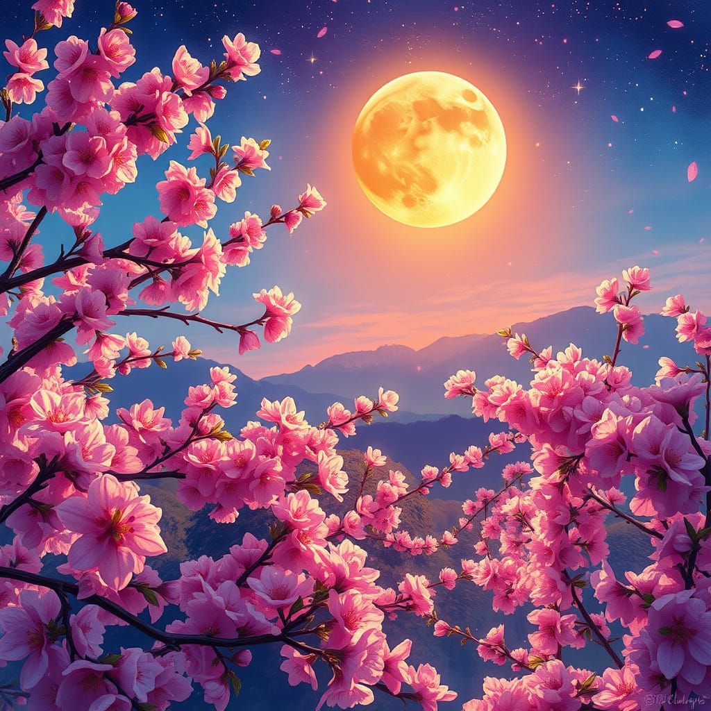 Surreal Cherry Blossom Garden in Vibrant Gouache-Style Water...