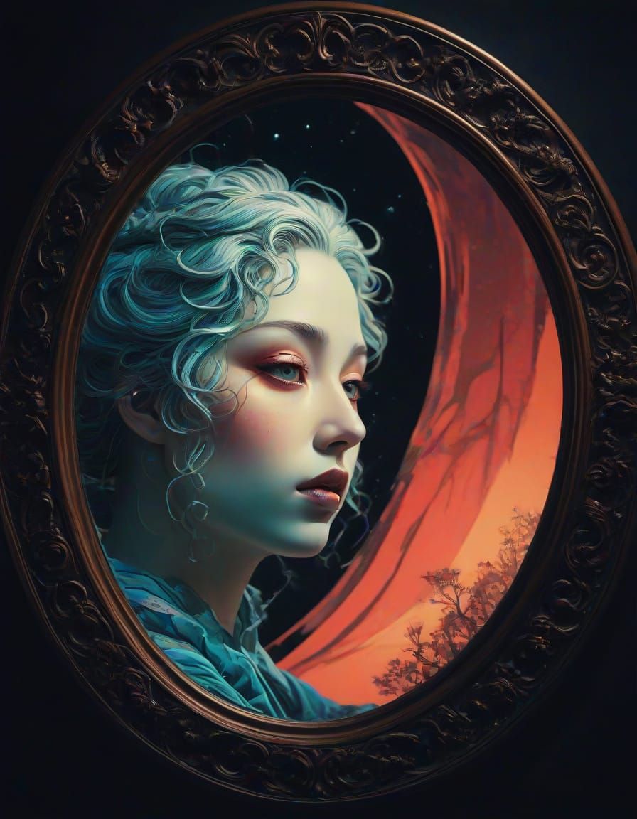 Distorted Mirror Reflection in Ukiyo-e Style