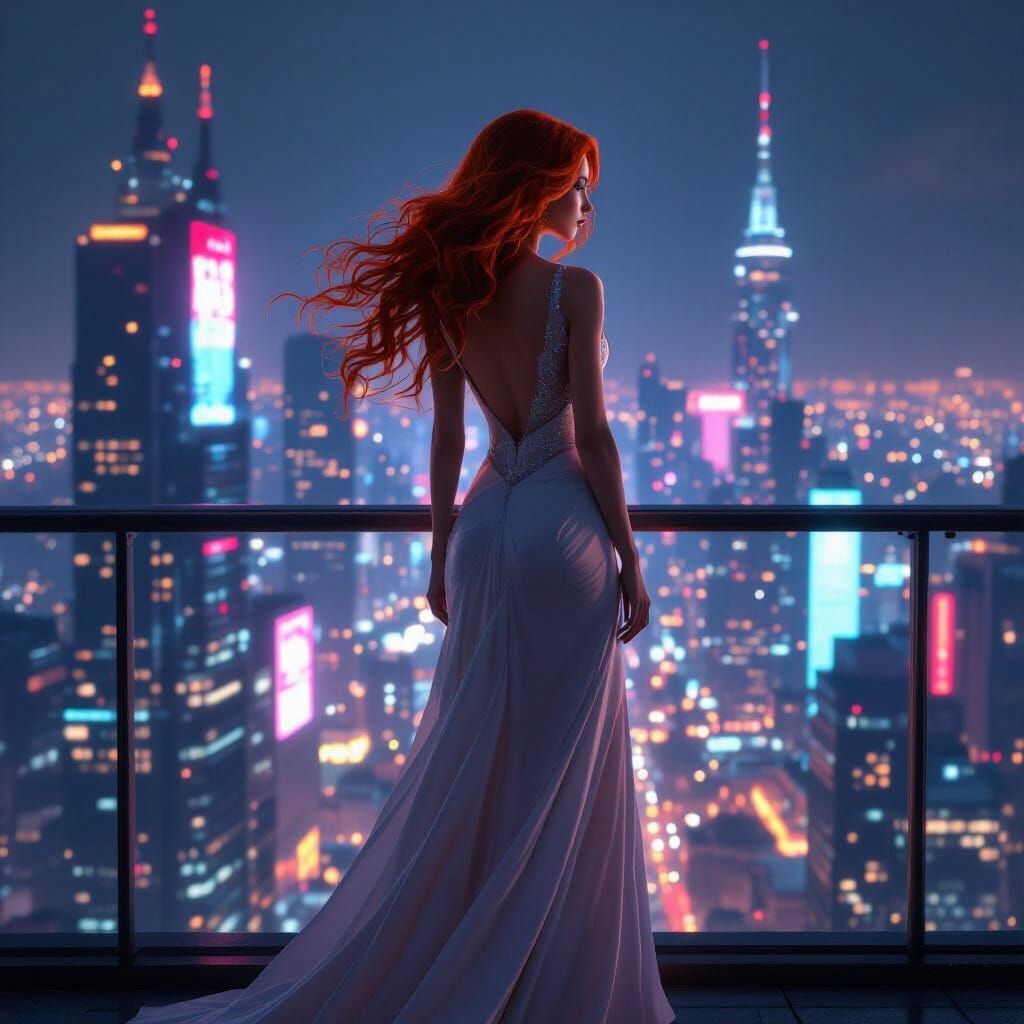 Cyberpunk Night: Woman Overlooking Neon Cityscape