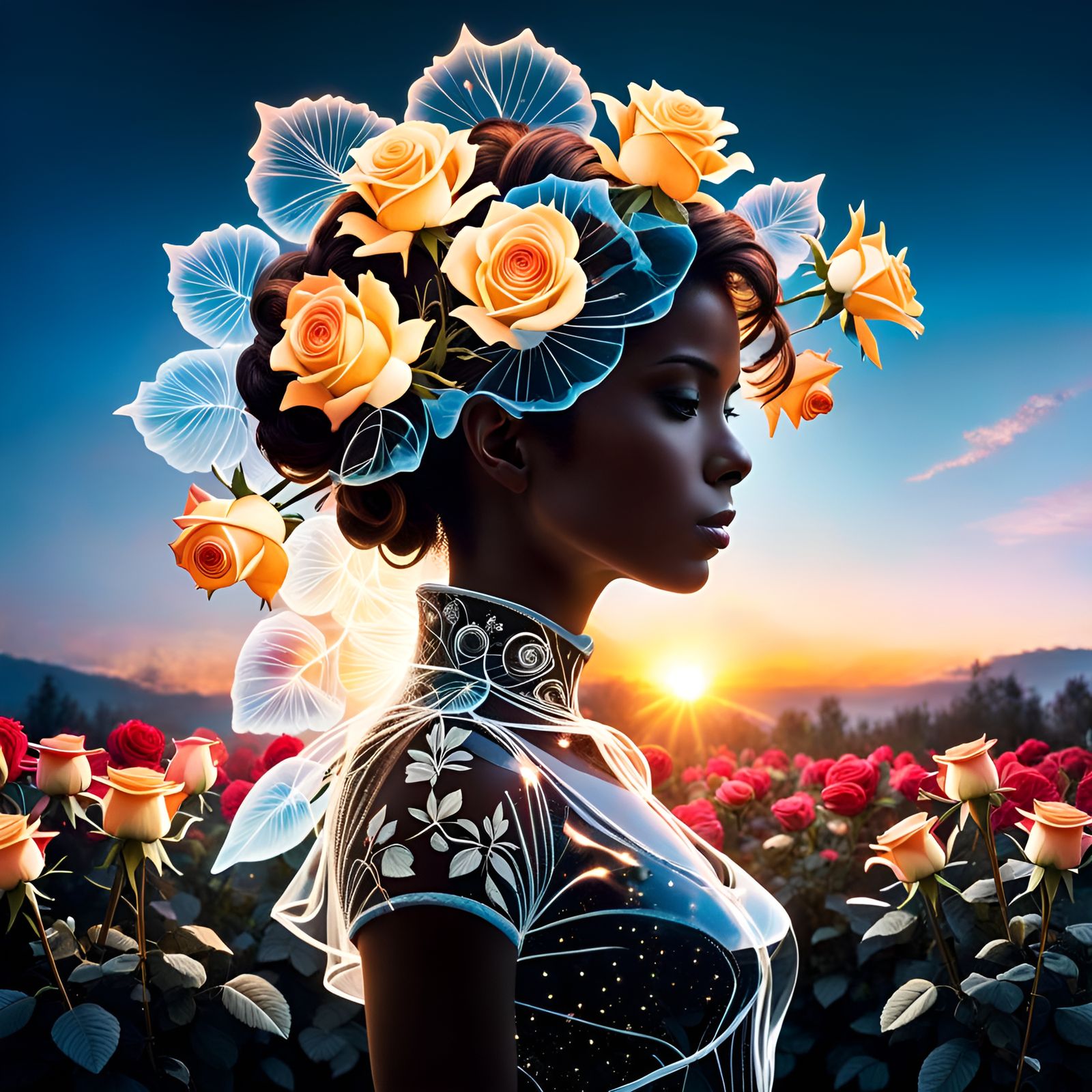 Double Exposure: Roses and Dawn Sky Silhouette