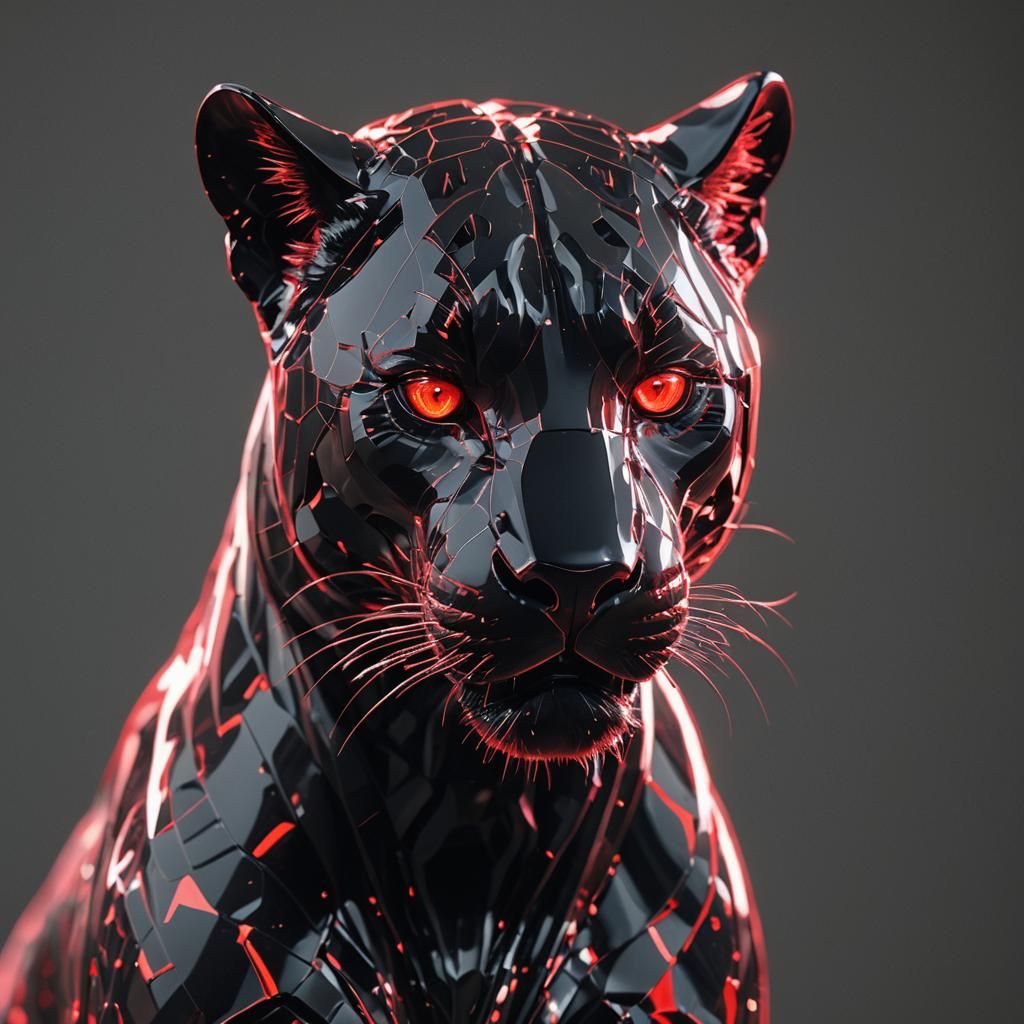 Glass Panther Sculpture with Red Light, 3D Render