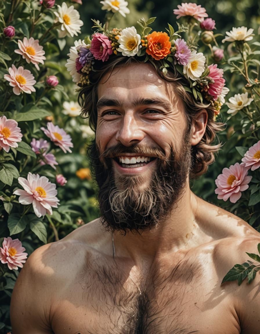 Bearded Man with Flower Crown: Realistic Garden Portrait