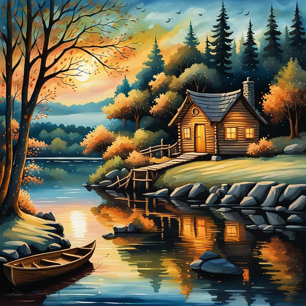 Idyllic Lakeside Hut Under Moonlight, in Folk Art Style