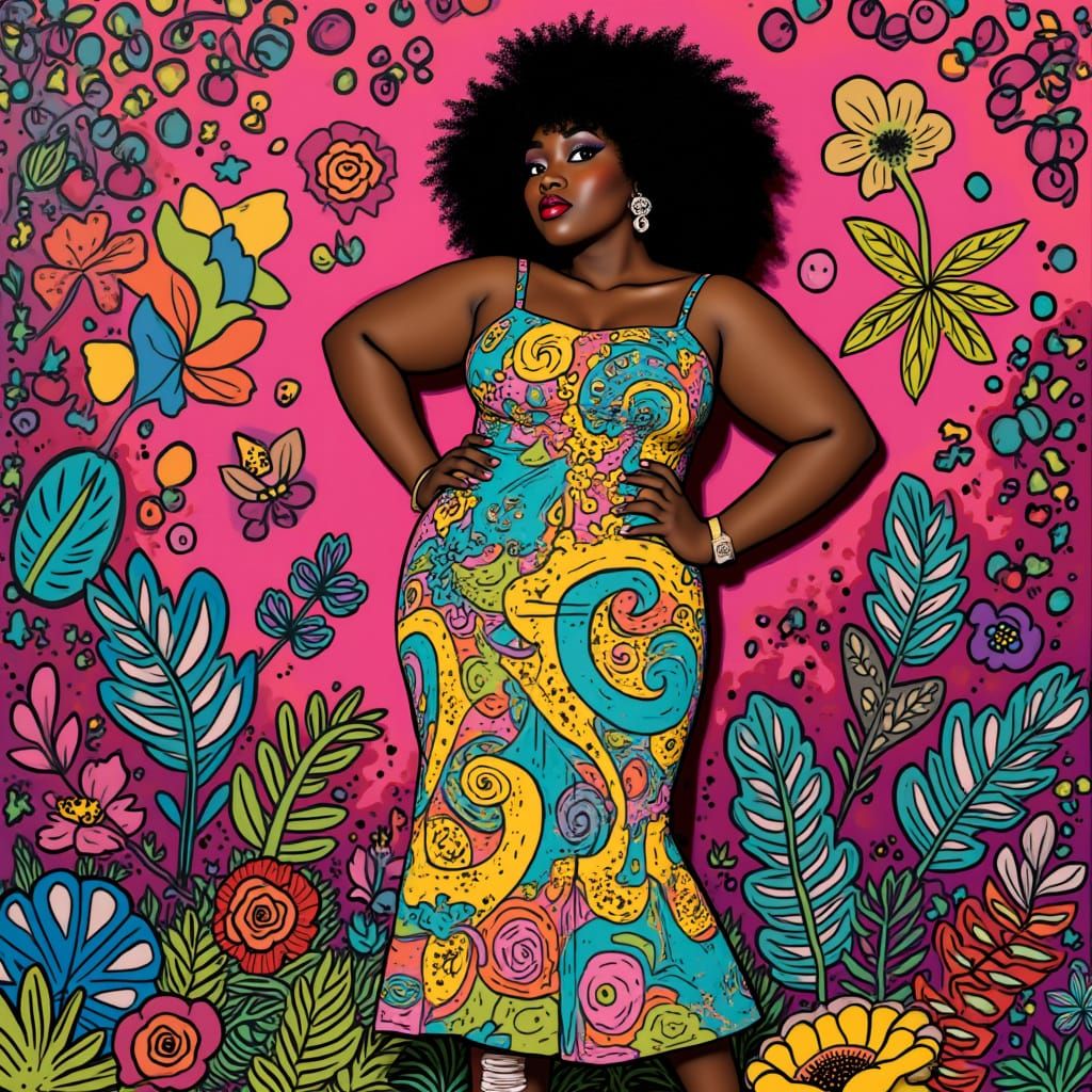 Confident African American Woman in Psychedelic Pop Art Styl...