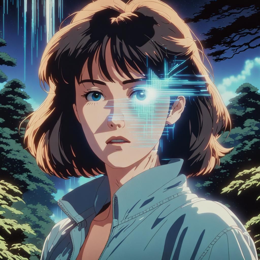 screenshot from an 80s anime episode, 1980s, woman standing in nature at night, 3d distortion shattering face into incom...