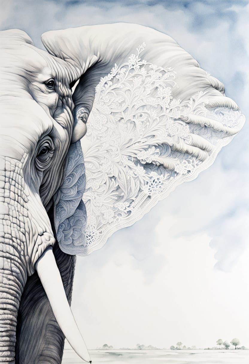Hyperrealistic White Elephant Portrait in Watercolor