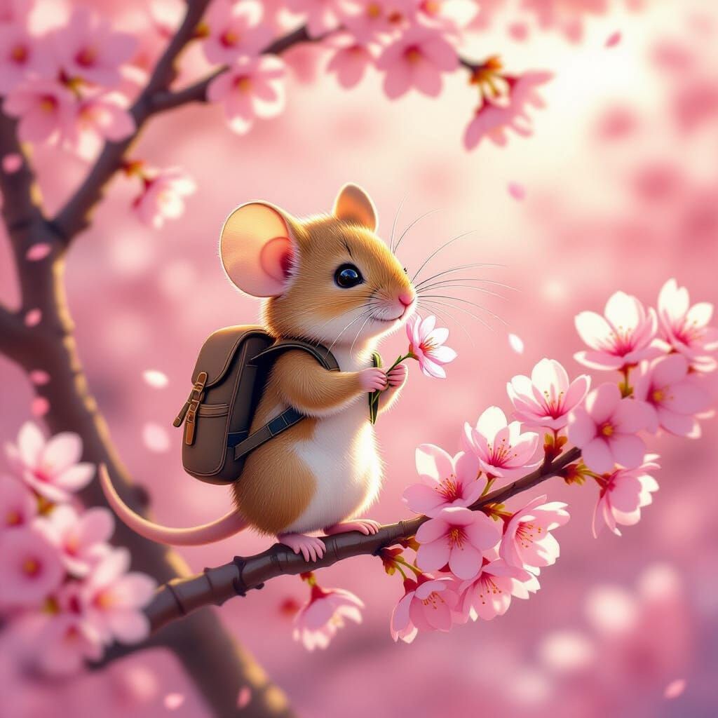 Mouse on Cherry Blossom Tree in Anime Style