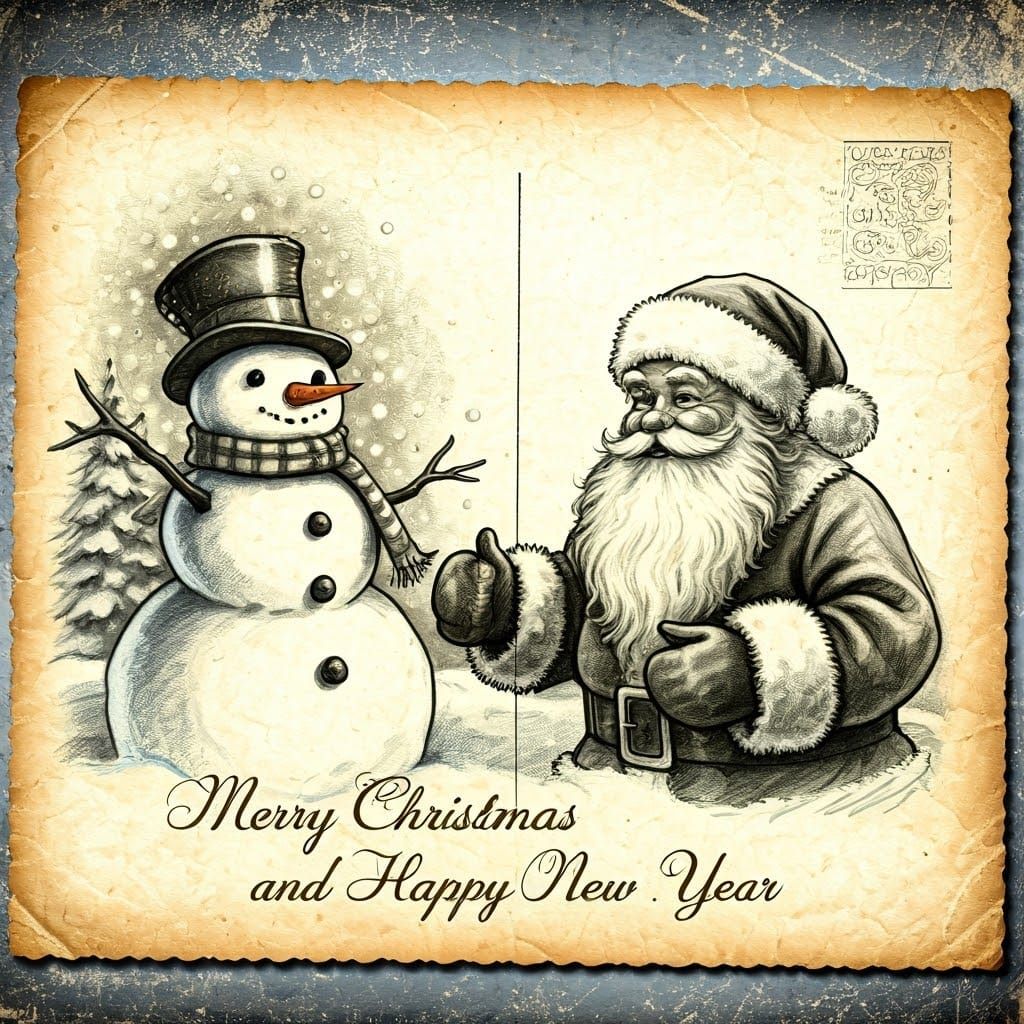 Vintage Christmas Postcard with Santa and Snowman