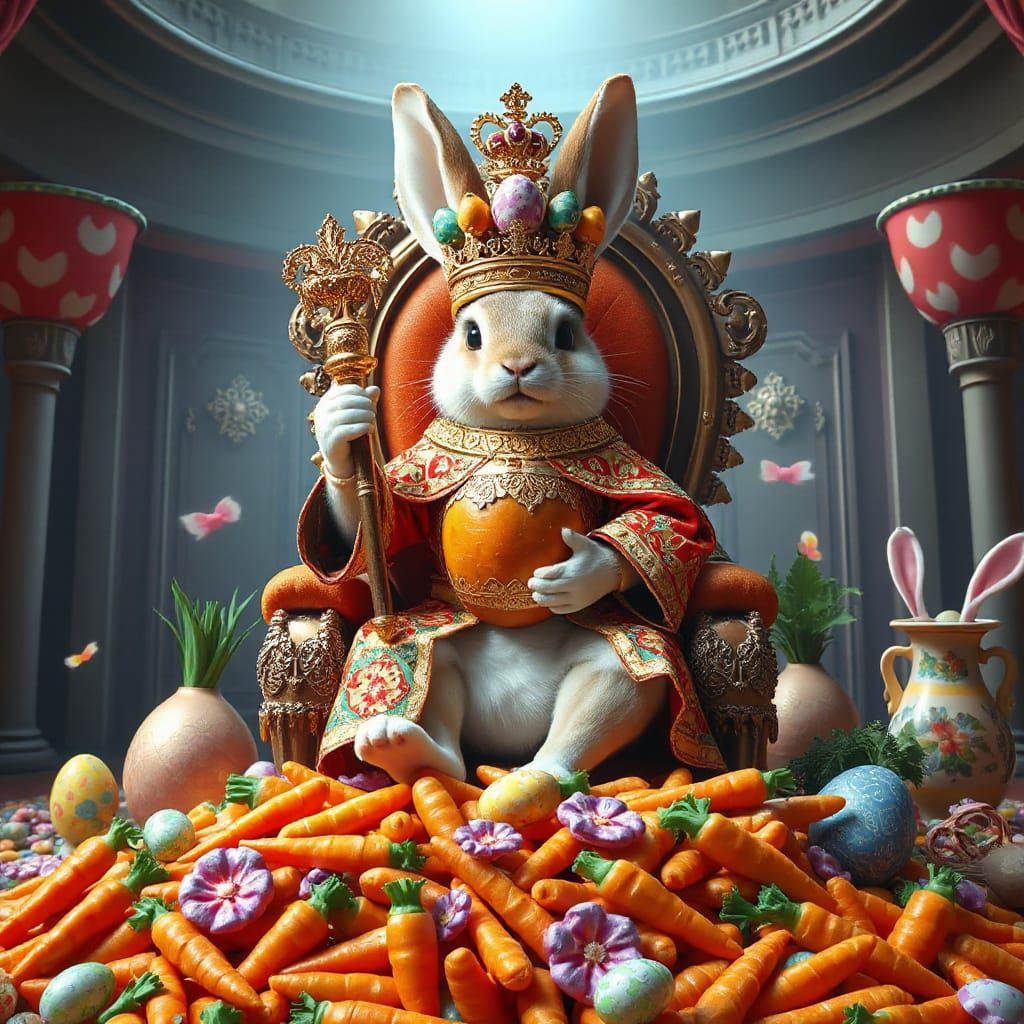 Majestic Bunny Emperor in Candyland-Themed Throne Room