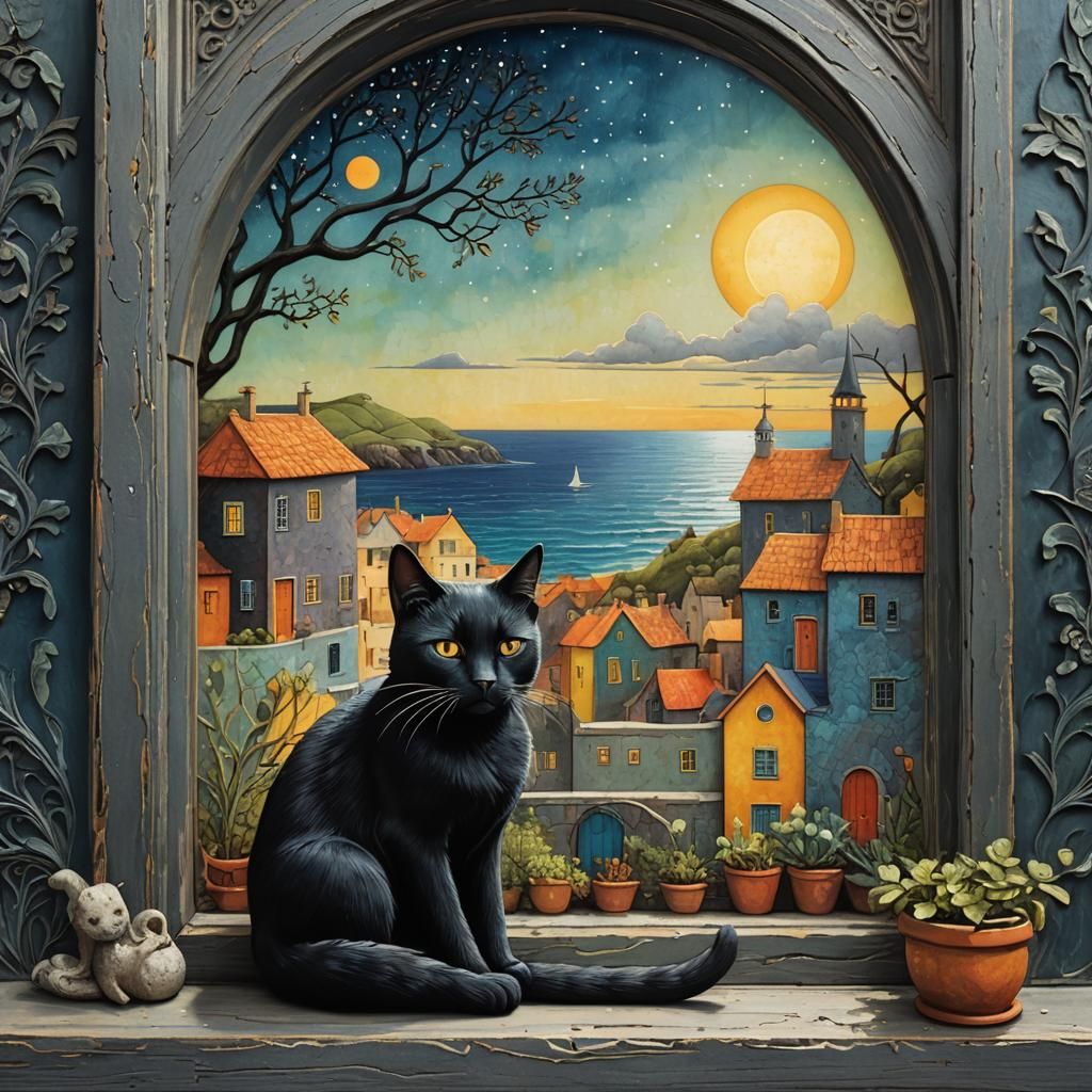 Dreamlike Black Cat in Embossed Prismatic Relief