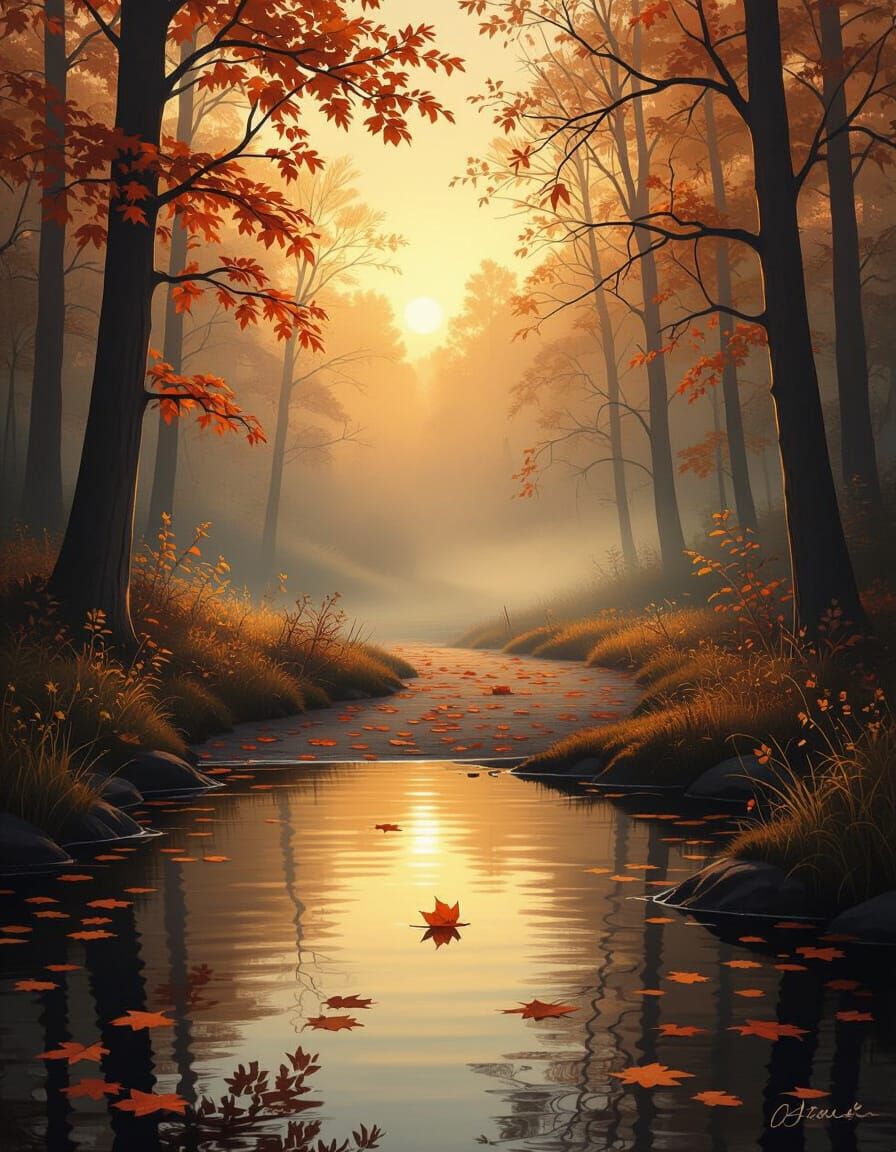 Peaceful Autumn Dawn Landscape in Golden Light