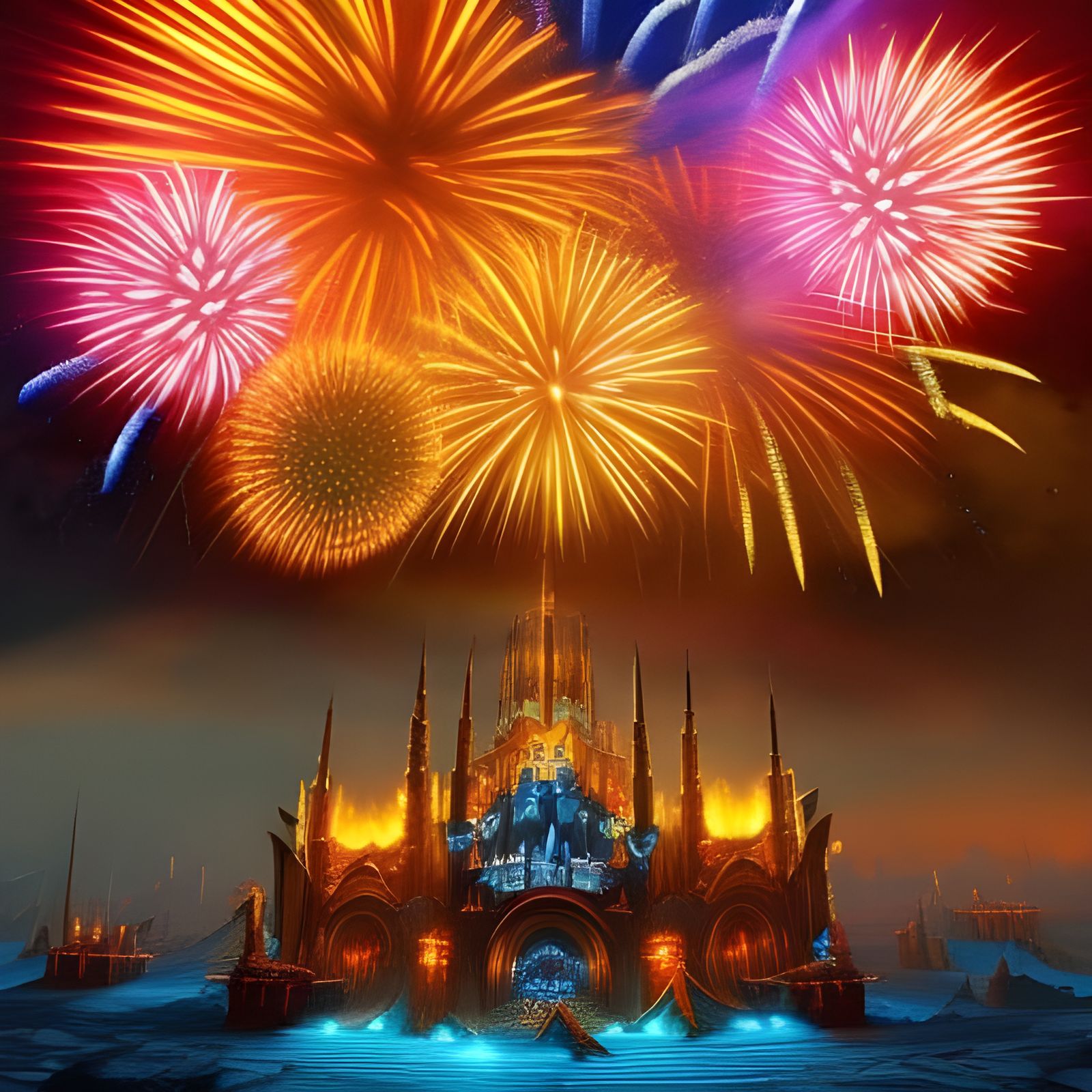 Symmetrical Fireworks Explosion in Detailed Matte Painting