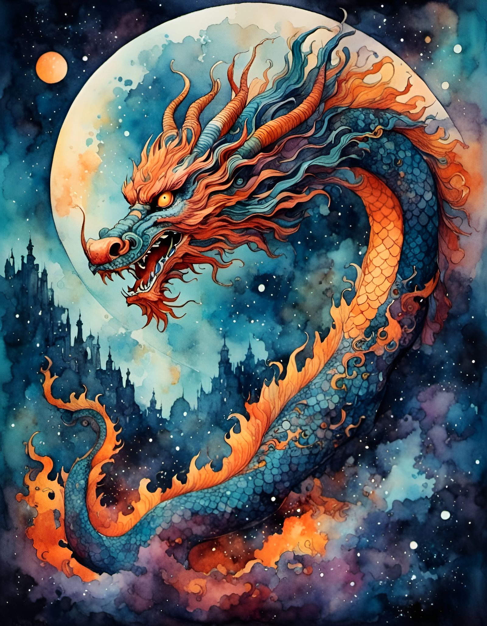 Chinese Dragon in Romantic Watercolor Style