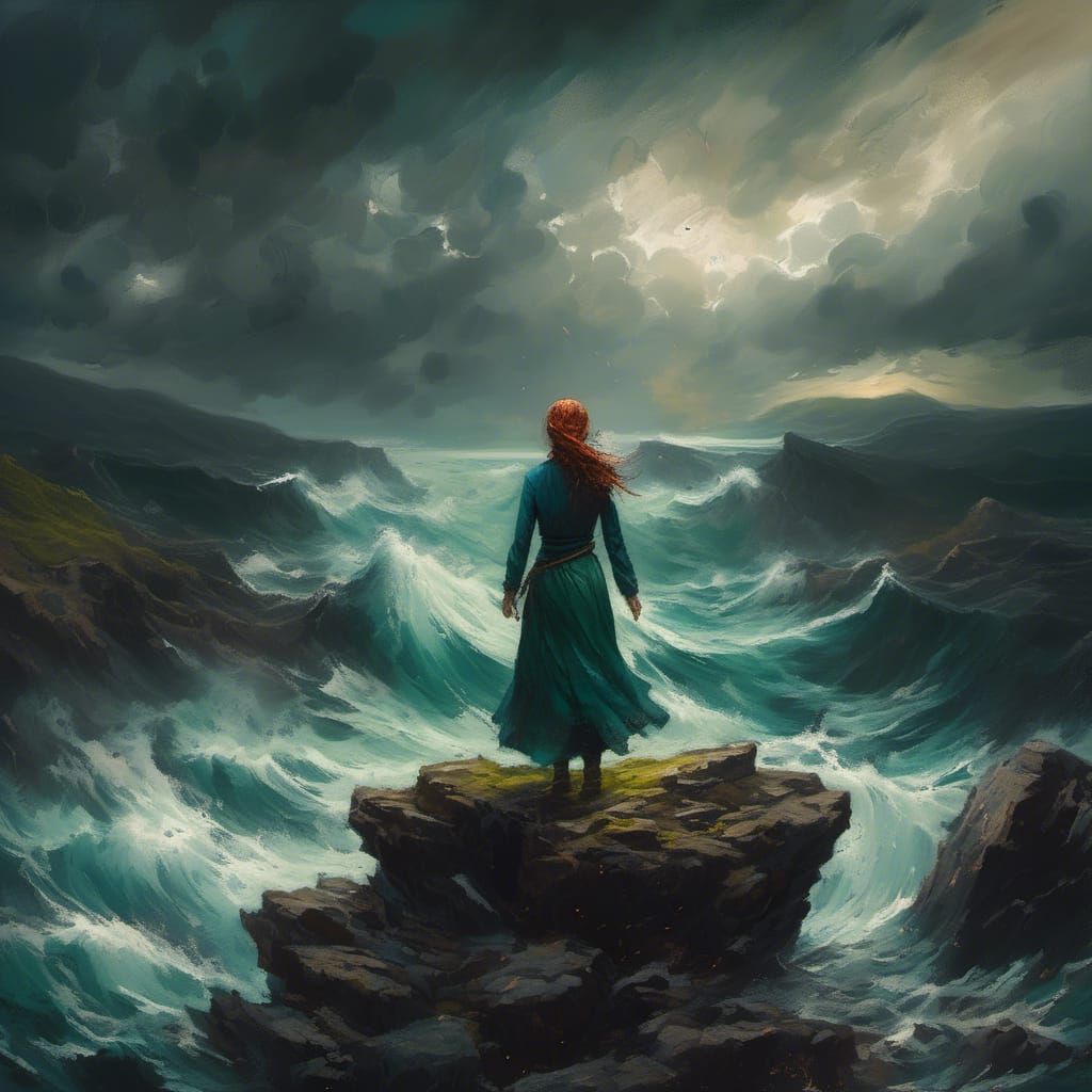 Emotional Seascape: Woman's Struggle in Stormy Weather