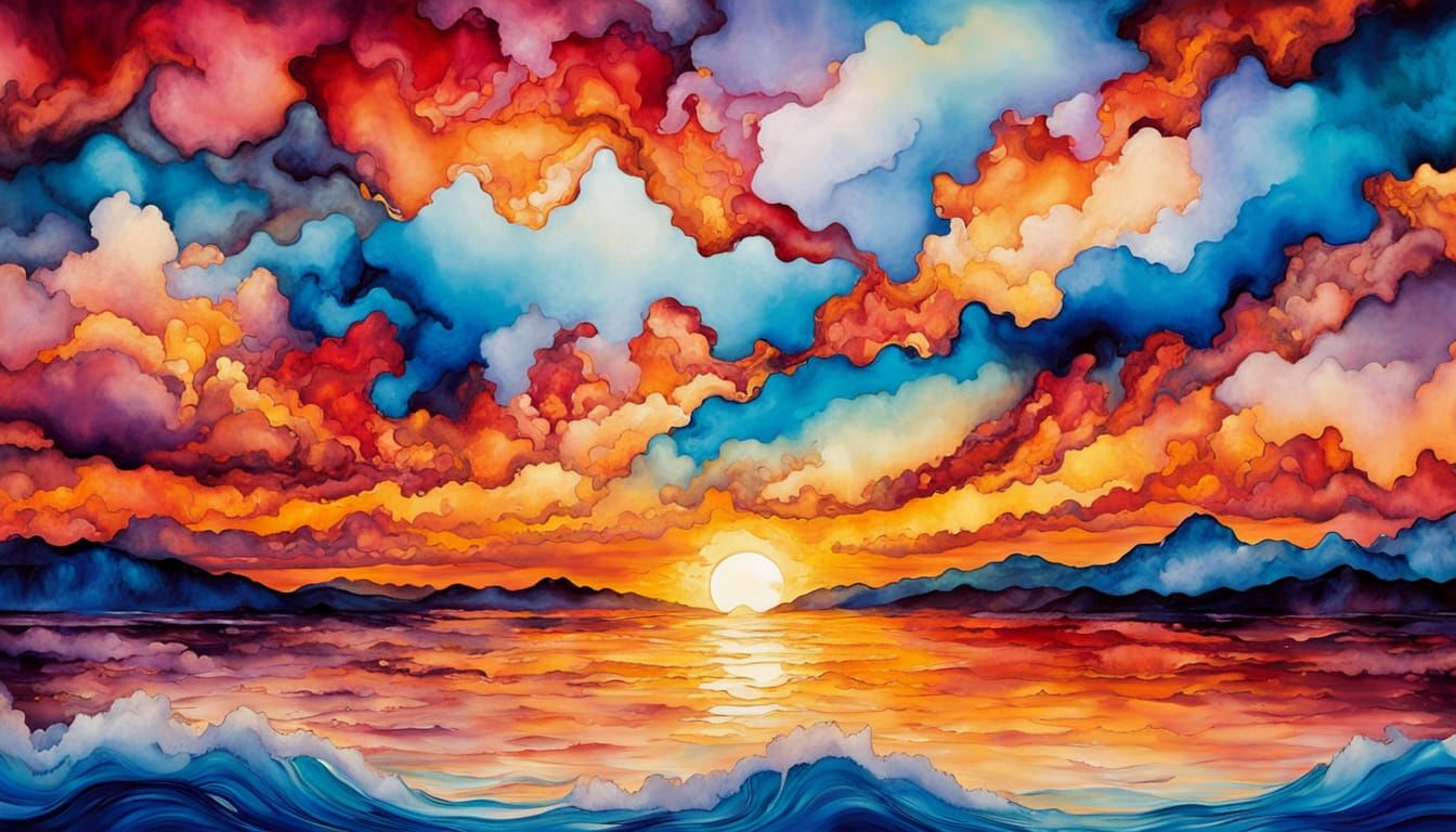 Impressionist Sunset Waves in Flowing Alcohol Ink