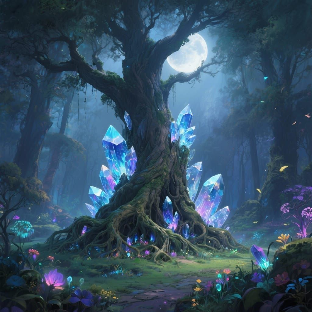 Ancient Tree with Crystal Roots in Moonlit Forest
