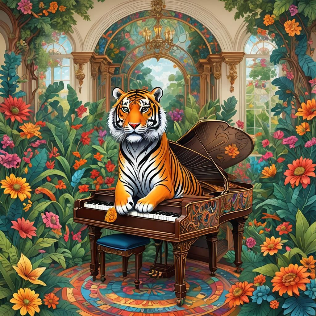 Tiger at Grand Piano in Beautiful House