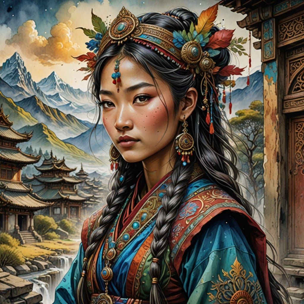 Serene Tibetan Folk Beauty in Vibrant Watercolor