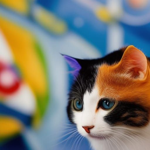 Biopunk Cat in Style of Woodblock Print and Surrealism