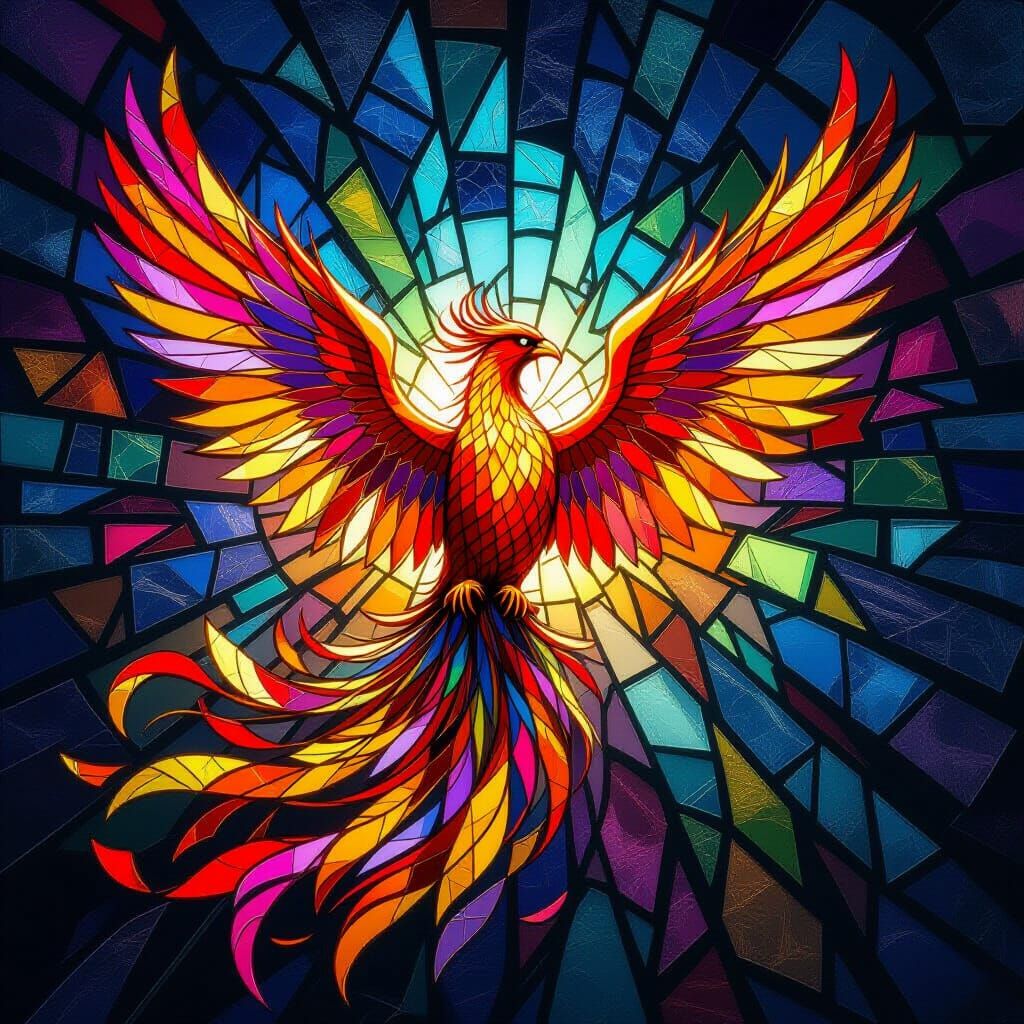 Stained Glass Phoenix Rising from Ashes