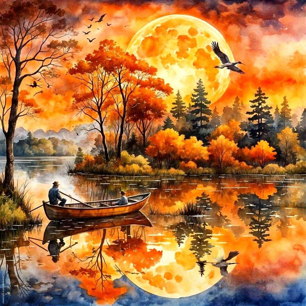 Golden Autumn Sunset Lake Reflection Watercolor