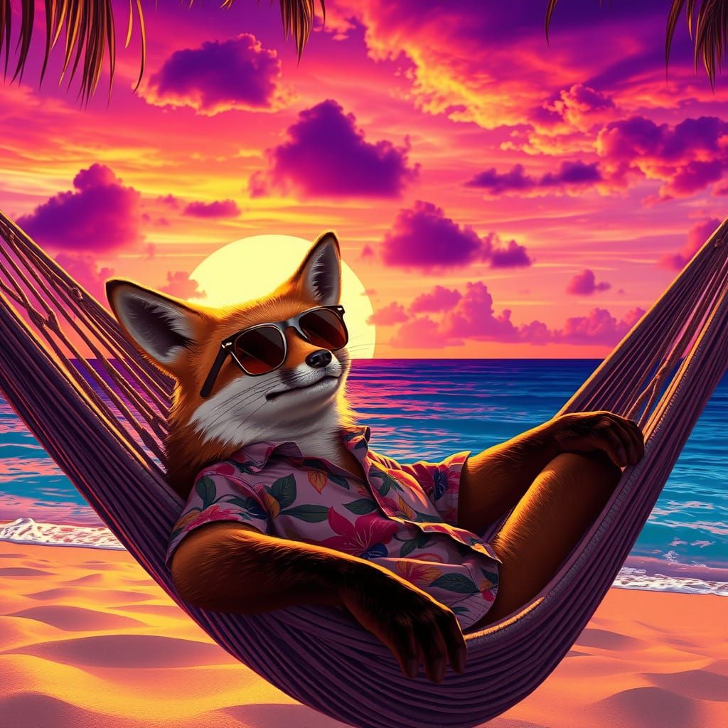 Fox Lounging in Hammock at Sunset, Photorealistic Style