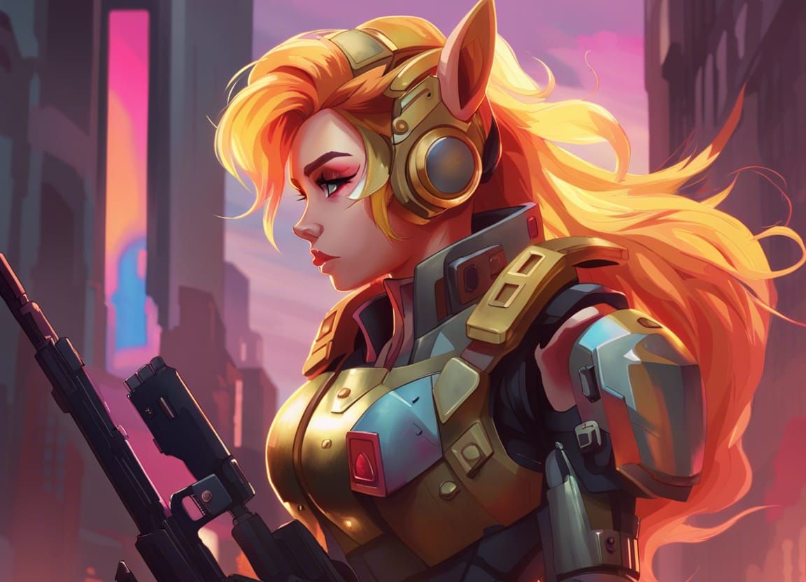 Sunset Shimmer in Cyberpunk Armor, Detailed Portrait