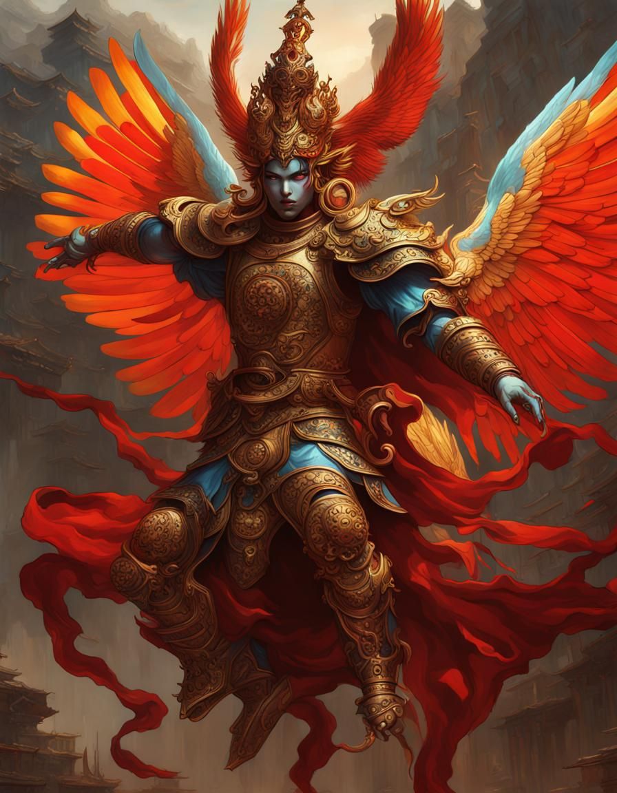 Angel Soars Above Rakshasa in Dark Fantasy Style