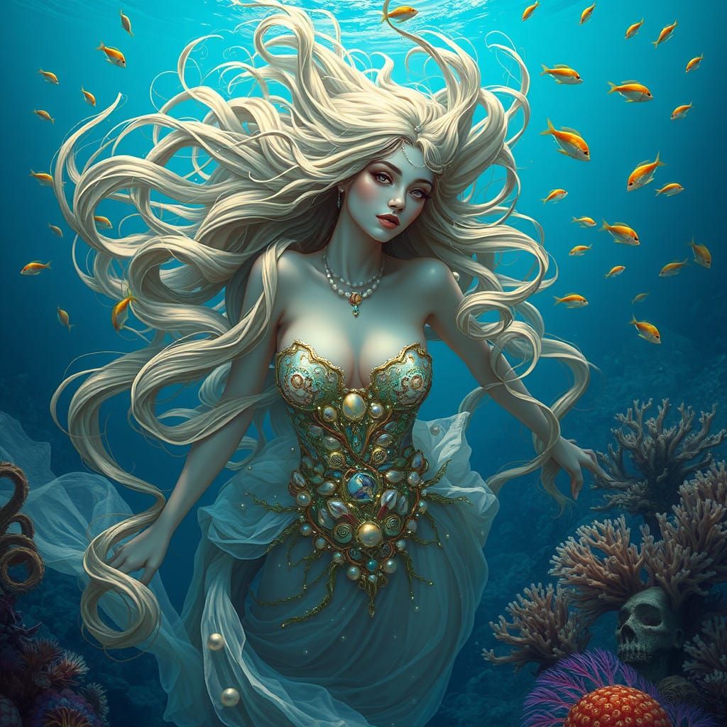 Serene Maiden in Shimmering Oceanic Vestido