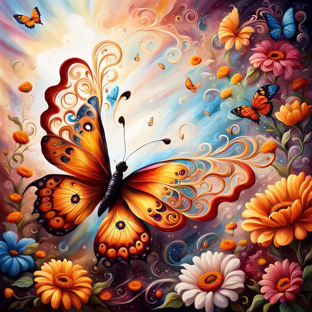 Boho Butterfly Oil Painting with Filigree Details