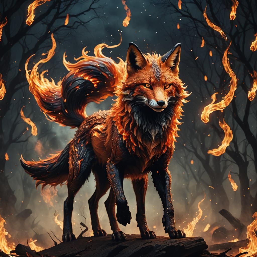 Fiery Fox Walking Gracefully in Dark Art Style