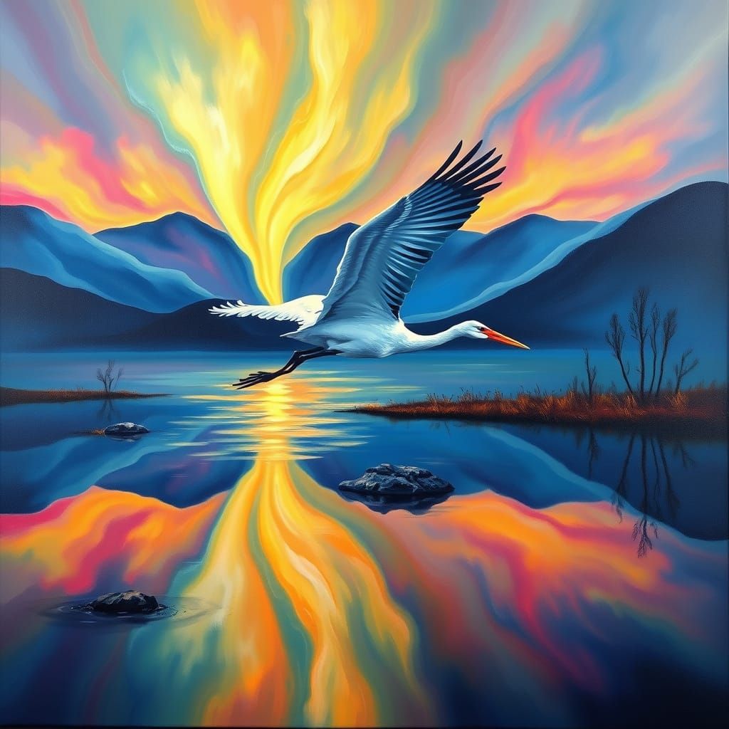 Crane Transforms to Aurora in Surrealist Landscape