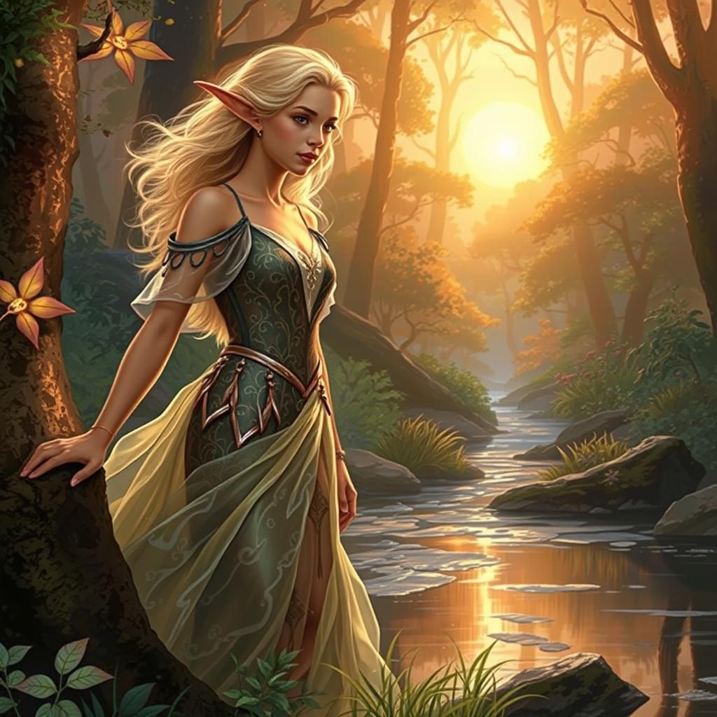 Enchanted Forest Scene with Blond Elf at Sunset