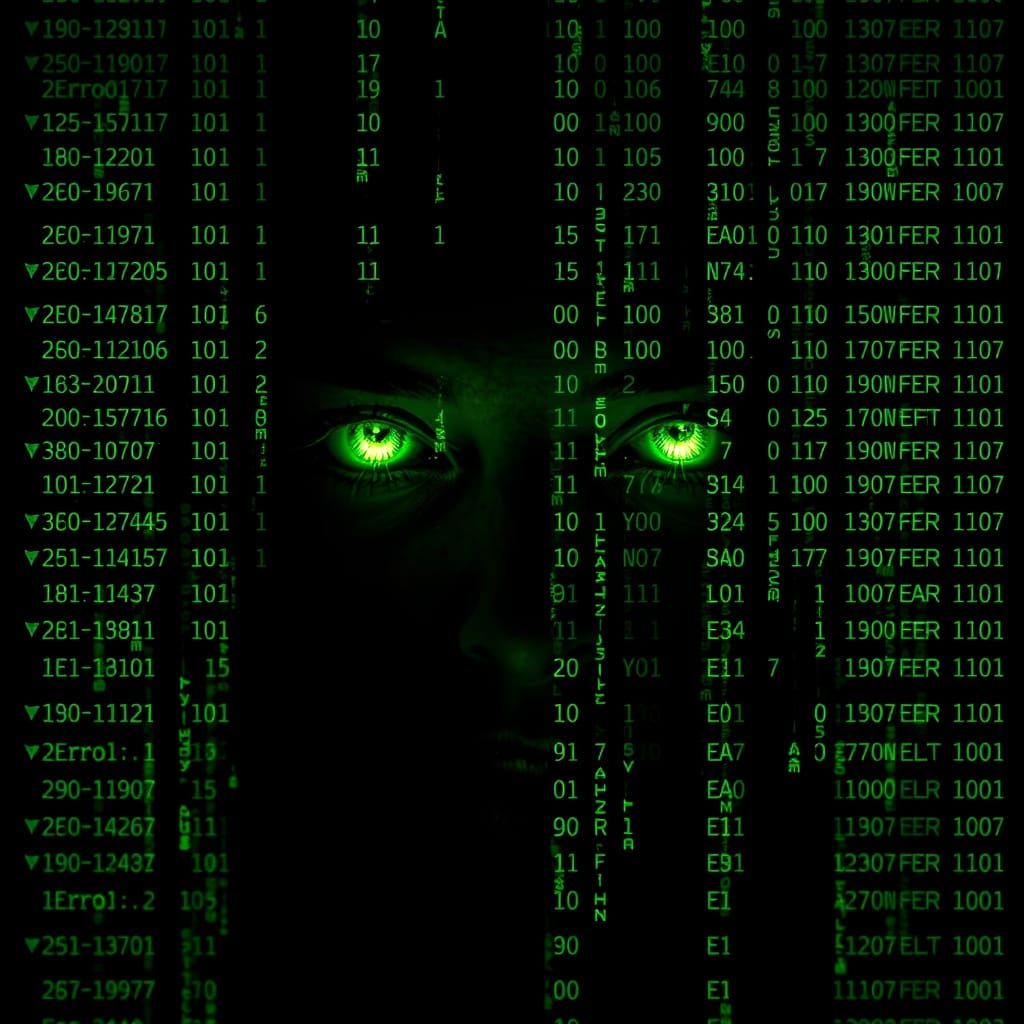 Woman's Glowing Coded Eyes Shine in a Dark, Error-Ridden Mat...